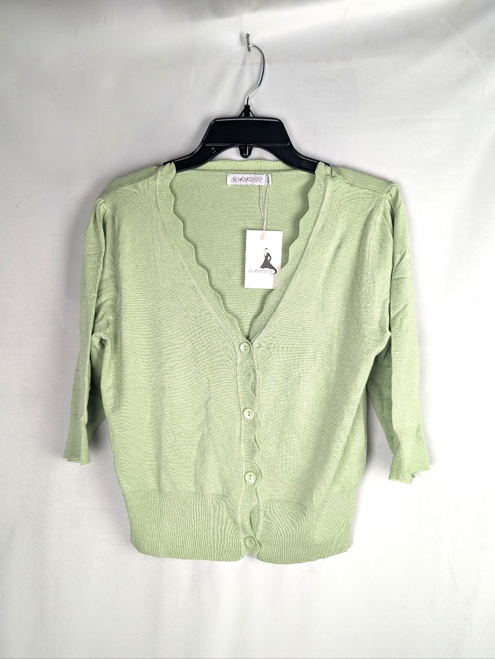 Light Green Scalloped V-Neck Cardigan Sweater